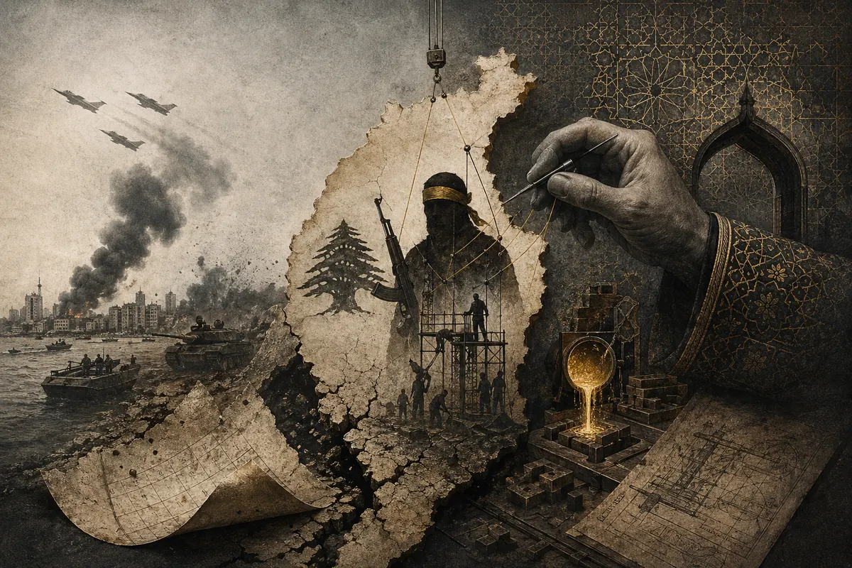 Symbolic editorial artwork about 1982, Iran, and the origins of Hezbollah.