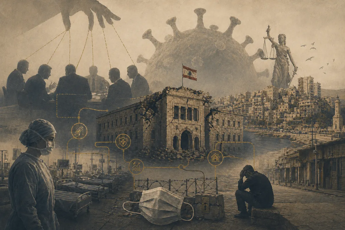 Symbolic editorial artwork about Lebanon, government, and the COVID-19 pandemic.