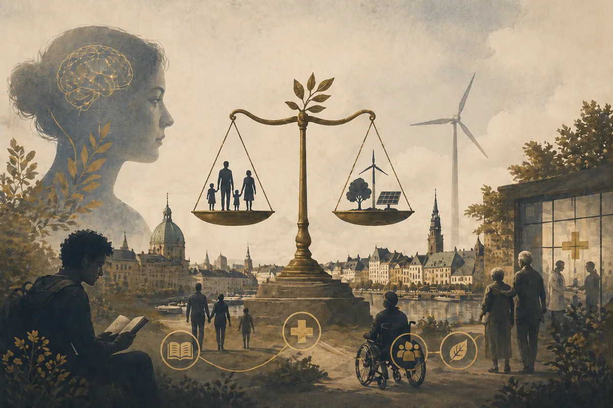 Symbolic editorial artwork about inclusion, sustainability, and social policy.