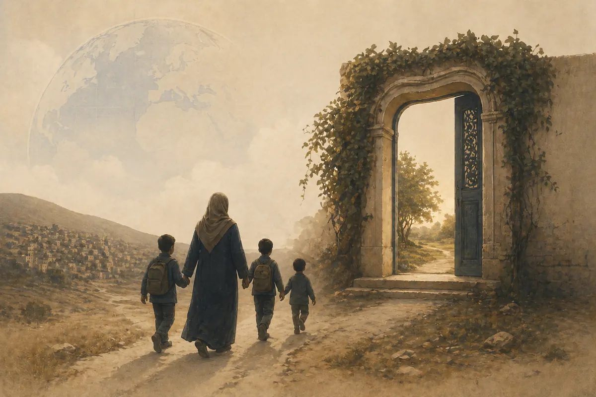 Symbolic editorial artwork about family, migration, and refuge.