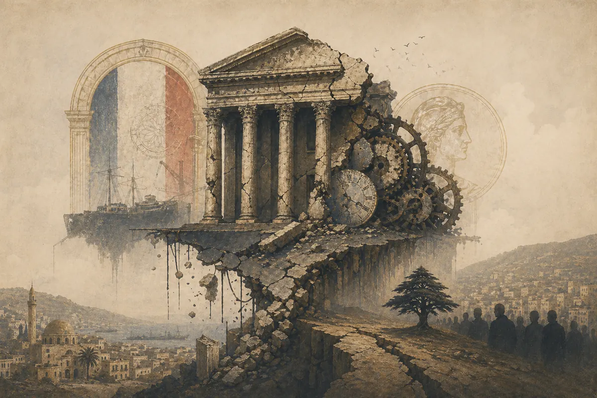 Symbolic editorial artwork about Lebanon and a worn-out political system.