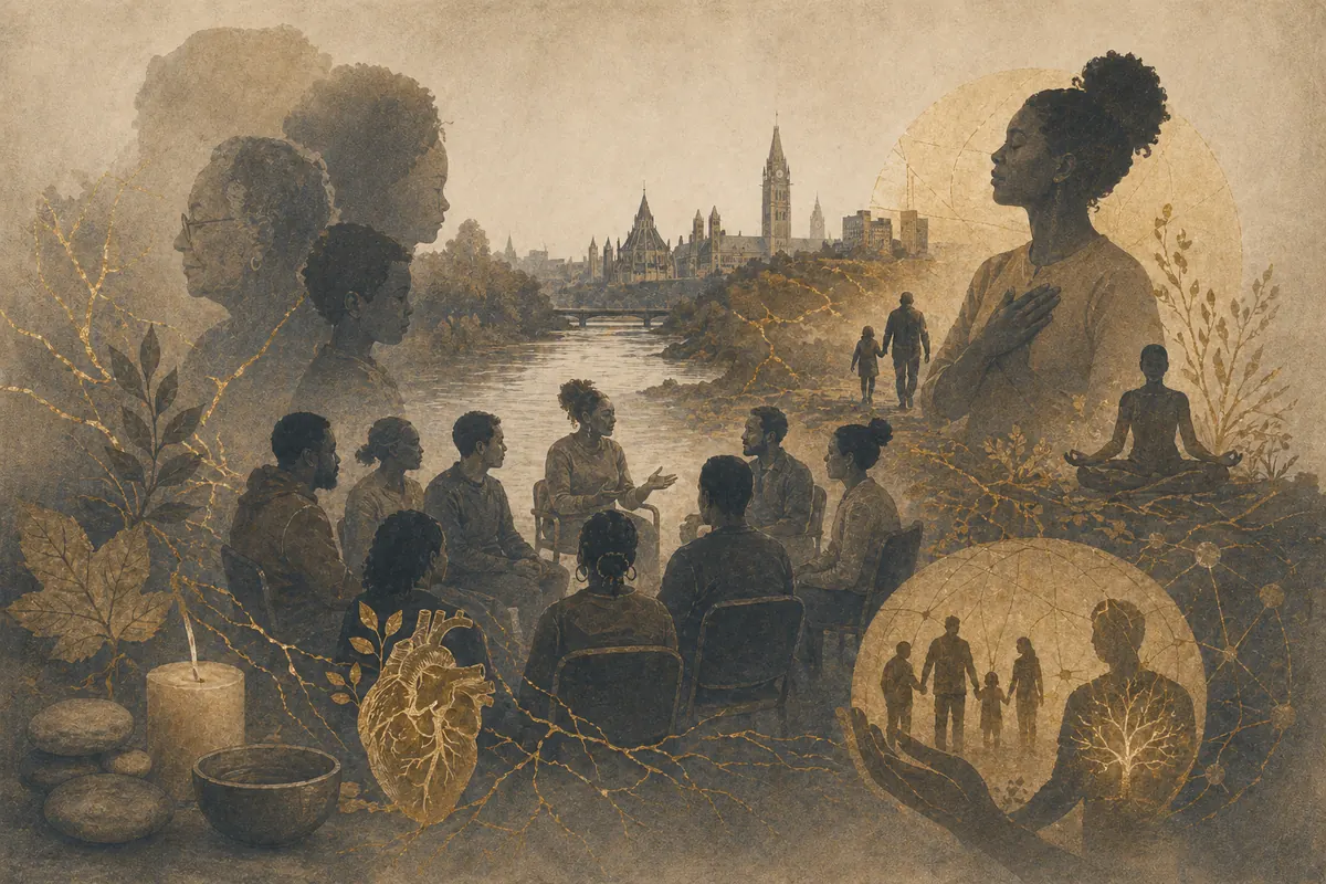 Symbolic editorial artwork about generational trauma, care, and community health.