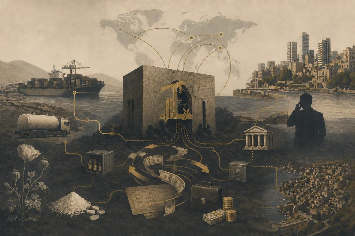 Symbolic editorial artwork about illicit finance and political networks.