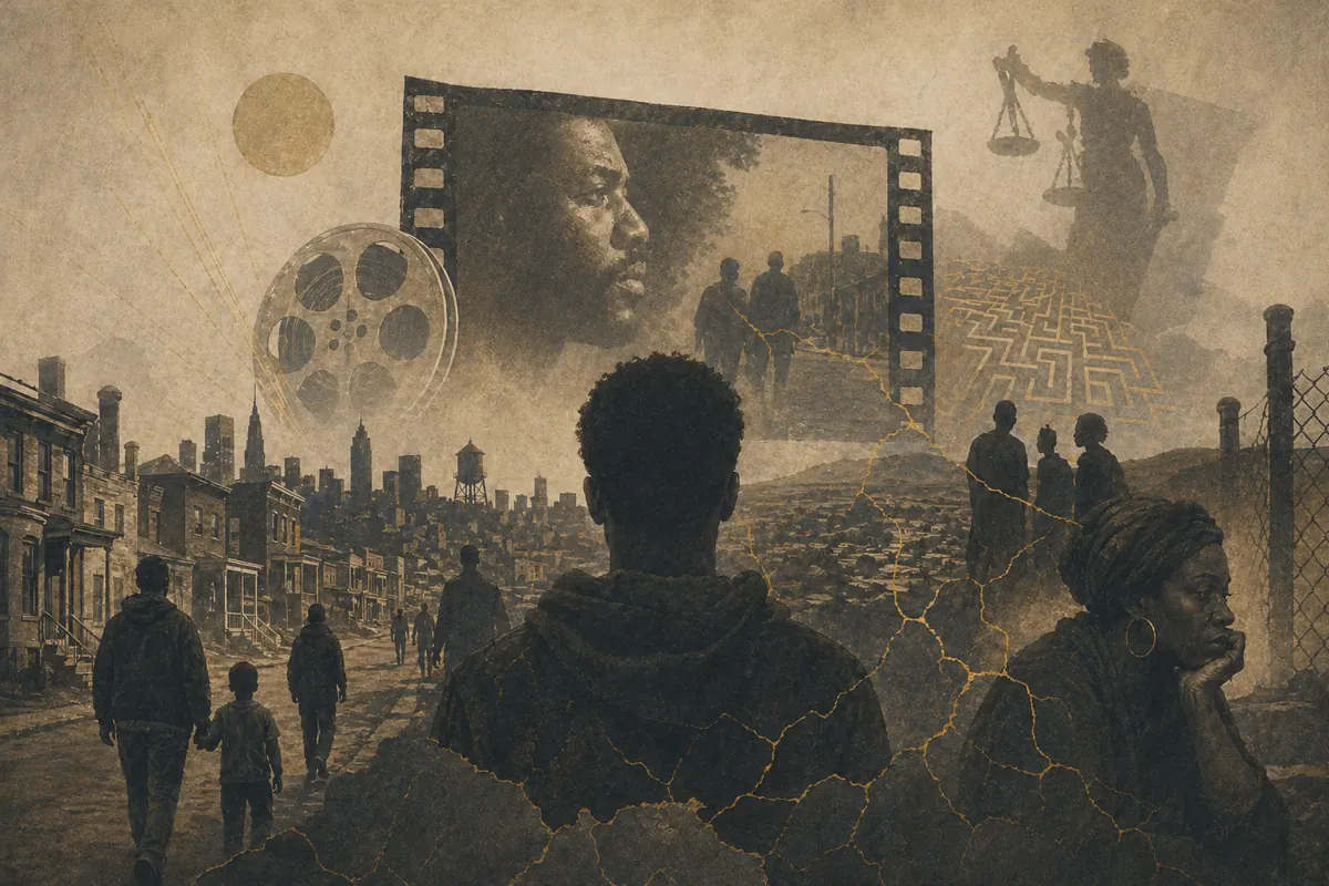 Symbolic editorial artwork about film, place, and systemic barriers.