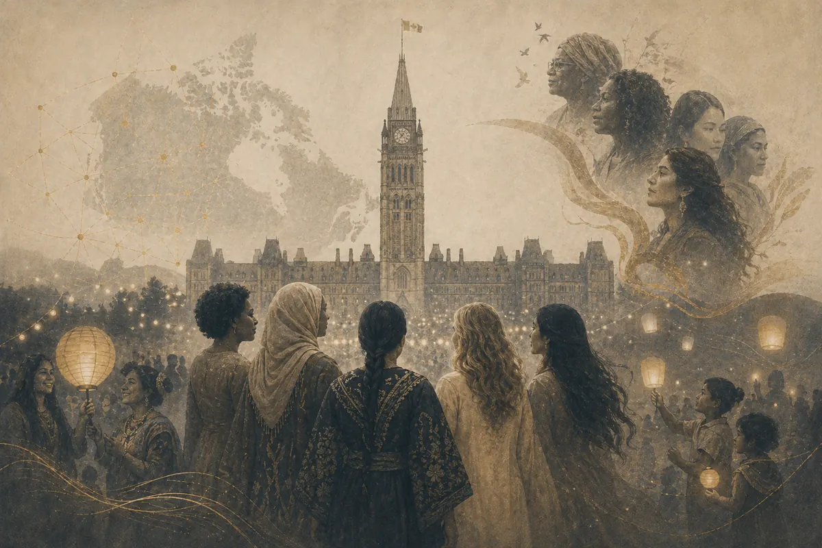 Symbolic editorial artwork about multicultural celebration on Parliament Hill.