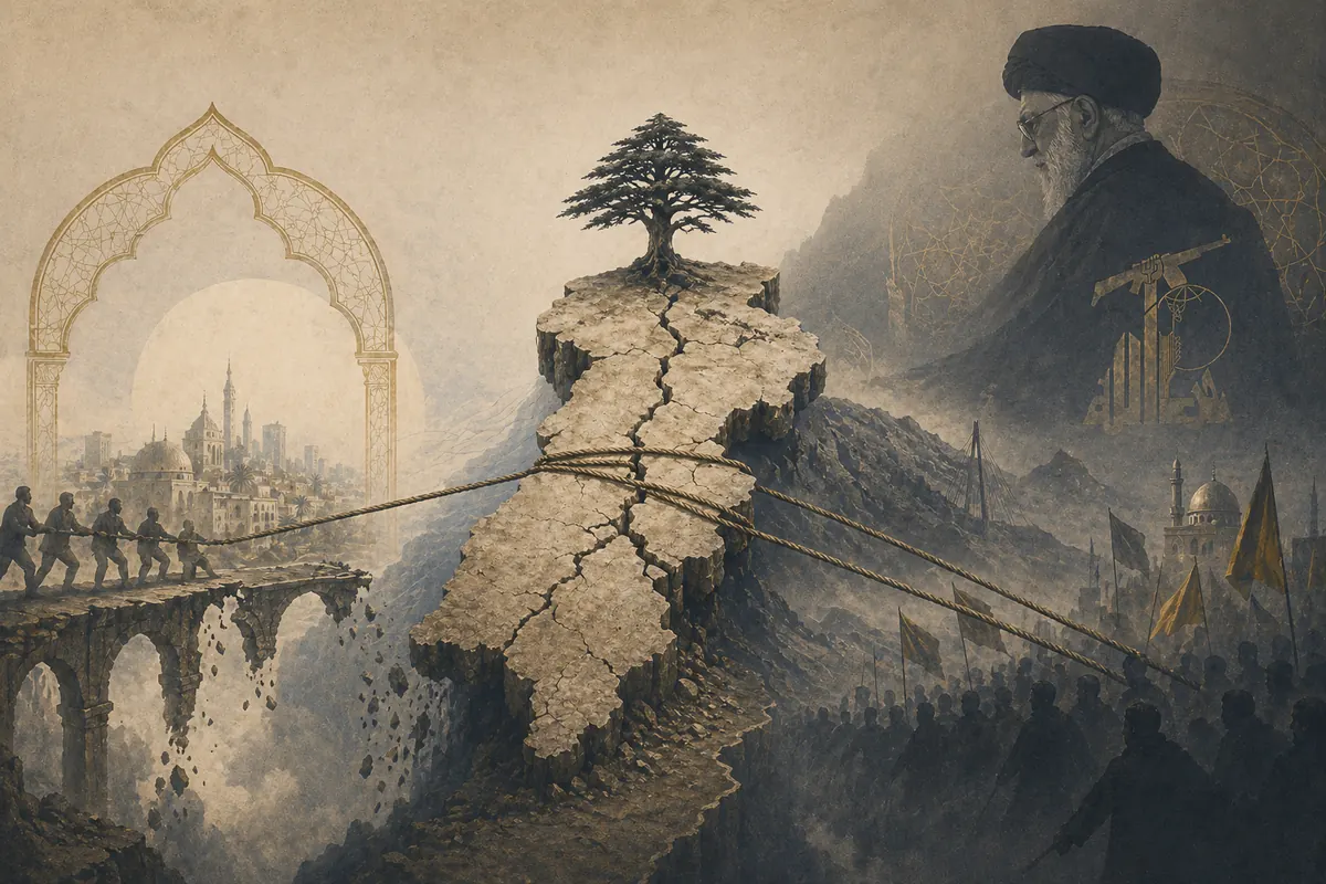 Symbolic editorial artwork about Lebanon, sovereignty, and regional power.