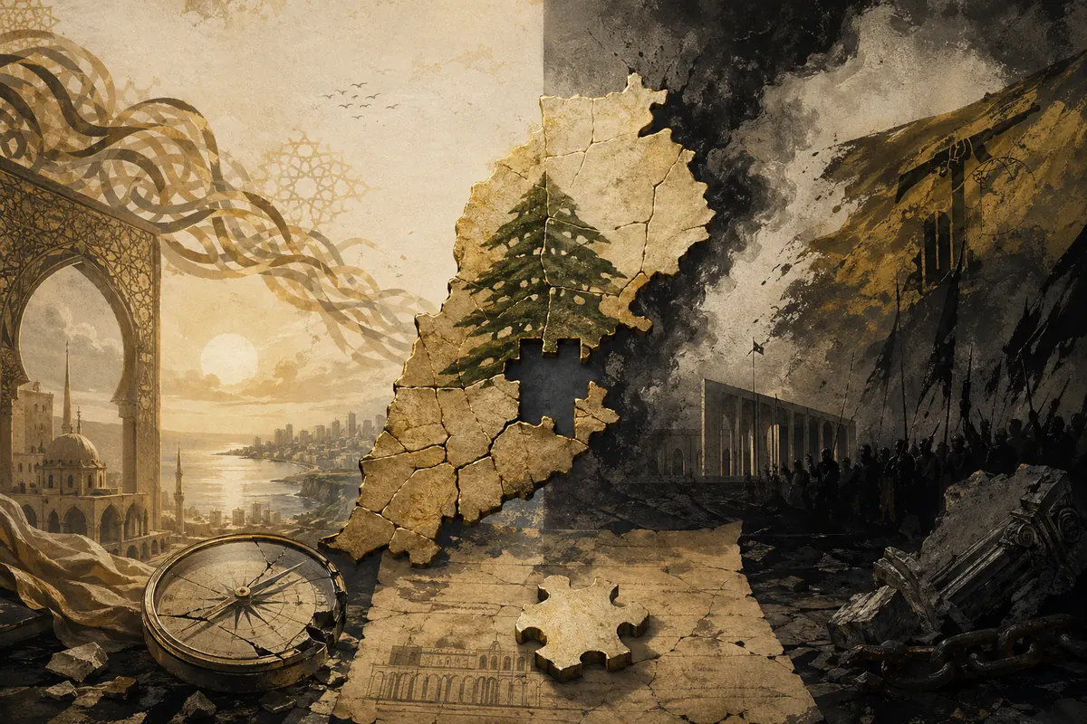 Symbolic editorial artwork about Lebanese sovereignty and political fragmentation.