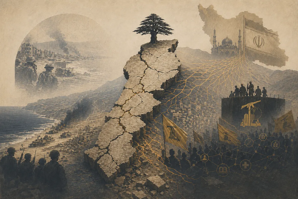 Symbolic editorial artwork about Hezbollah and the Lebanese dilemma.