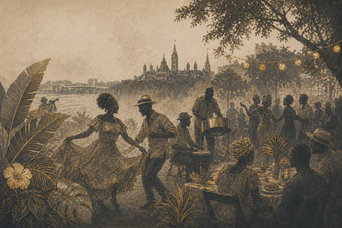 Symbolic editorial artwork about a Caribbean cultural garden party in Ottawa.